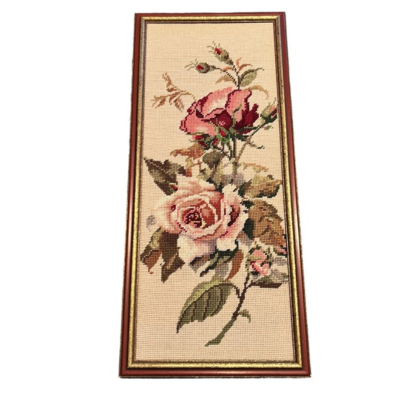 Hand Crafted Art Vintage Roses Needlepoint In Frame Poshmark